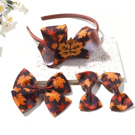 Vsdski Fall Headband Glitter Maple Leaf Hair Bow Clips Set Thanksgiving Bows Hair Accessories for Woman Girls Brown Bowknot Hair Bands Autumn Harvest Party Headpiece Decor 4PCS