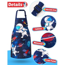 WERNNSAI Children's Apron, Waterproof, Polyester Kitchen Apron for Boys and Girls with Adjustable Neck Strap and Pocket, for Cooking, Baking, Painting (2–12 Years), Space
