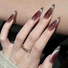 Cat Eyes Press on Nails Long Almond Fake Nails Wine Red RIICFDD False Nails with Solid Color Designs Artificial Sparkly Acrylic Full Cover Shimmering Glue on Nails for Women Nail Decoration 24 Pcs