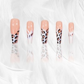 Leopard French Tip Press on Nails Long Fake Nails with White Fur Designs Coffin False Nails Glossy Nude Acrylic Nail Press ons Cheetah Print Nails Full Cover Stick on Nails for Women 24Pcs