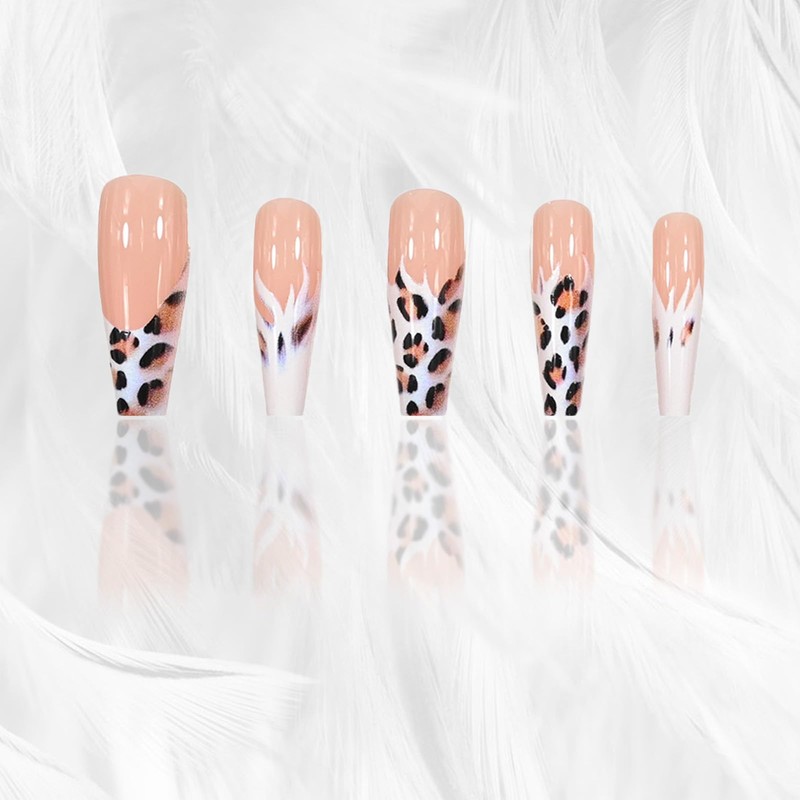 Leopard French Tip Press on Nails Long Fake Nails with