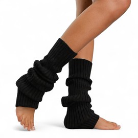 NITESHEYS Lambswool Winter Ribbed Leg Warmers Natural Wool Footless Long Socks For Women, Black, One Size