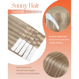 Sunny Hair Tape in Hair Extensions Real Human Hair Invisible Remy Hair Extensions Tape ins for Women Ash Blonde Highlight Bleach Blonde 16 inch 25G