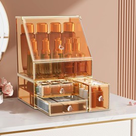CoralHouse Makeup Organizer Countertop,Amber Makeup Organizer with Drawer, Skincare Holder for Bathroom Countertop,Cosmetic Display Case for Dresser