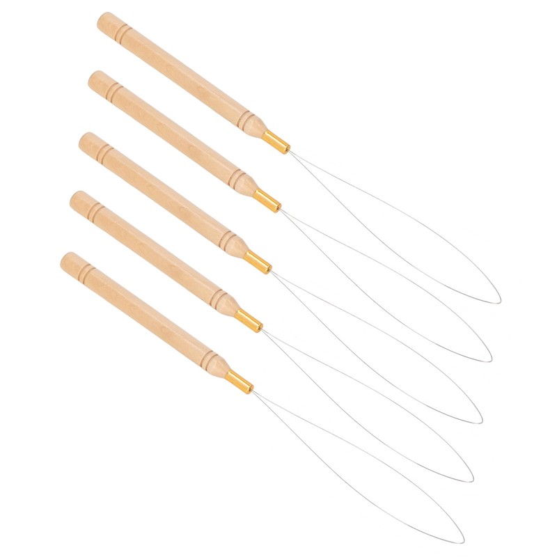 Hair Extension Loop Needle Kit 5Pcs Beaderwooden Handle Tool Wooden