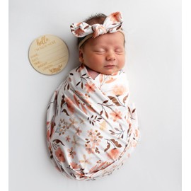 Bellasignoro Newborn Baby Snug Wrap Baby Girl Receiving Blanket Swaddle Blanket with Headband Beanie Set and Name Card (Orange Floral)