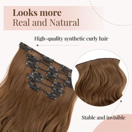 TESS Hair Extensions Clip in Natural Curly Heat Resistant Synthetic Fiber Hairpieces for Women UK 6PCS 16 Clips 22 Inch 150g #06 Light Brown