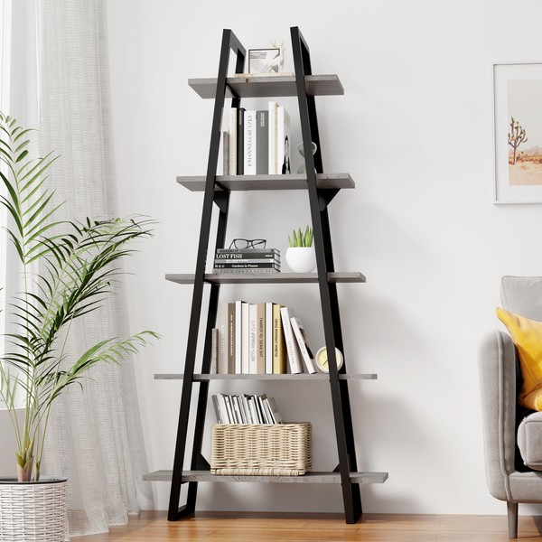 5 Tier Bookshelf, 2024 New Rustic Wood Ladder Bookshelf, Industrial