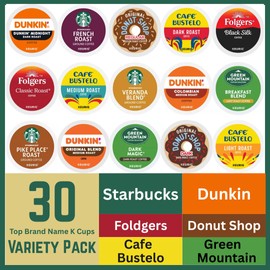 30 Count – Starbucks, Dunkin, Folgers, Donut Shop, Café Bustelo & Green Mountain Variety Pack Coffee Pods K Cup Sampler – French Roast, Pike Place, Verona, Black Silk, Breakfast, House, Colombian, Sumatra, Classic, Dark Magic, Veranda, Original for Brewe