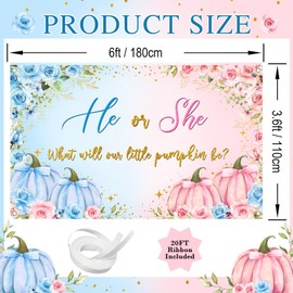Avezano Pumpkin Gender Reveal Banner 6 x 3.6 ft He or She What Will Our Little Pumpkin Be Gender Reveal Decorations Fall Blue or Pink Party Backdrop