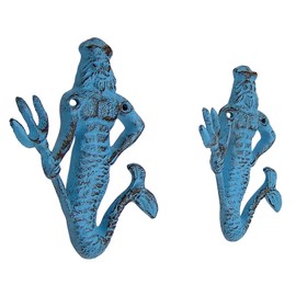Blue Cast Iron King Neptune Wall Hooks, Set of 2, 6.5 Inches
