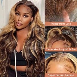 Real Hair Wig, 13 x 4 (56 cm) Body Wave Lace Frontal Wig, Human Hair Wig, Women's Brazilian Curly Human Hair Wig, 150% Density, Glueless Wig, Highlight Blonde #4/27 Colour