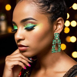 EVER FAITH Rectangle Dangle Earrings for Women Girls, Sparkle Rhinestone Crystal Geometric Statement Earring Green Gold-Tone