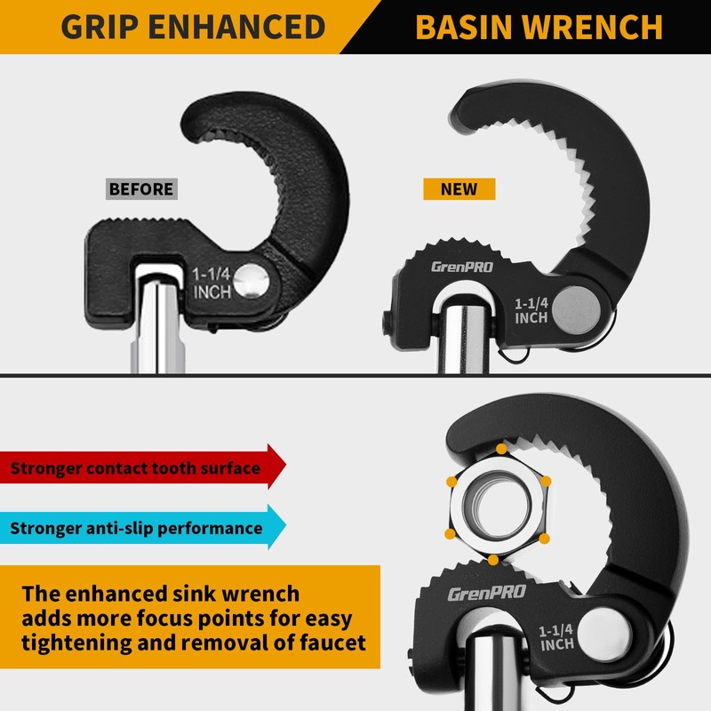 GRENPRO 11" Basin Wrench, Sink Wrench Faucet Tool for Tight