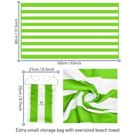 Microfiber Beach Towel Oversized Rapid Drying Sand Free Soft Compact Lightweight Qualities Beach Towels for Adults Ideal for Swimming Beach Yoga Camping Gym Carry Bag Mint Green Stripes 63x32 Inch