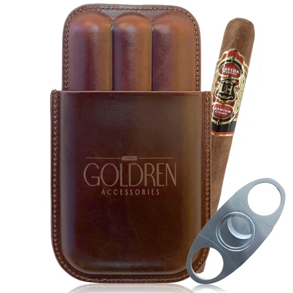 GOLDREN ACCESSORIES Cigar Humidor Accessories - Cigar Case Travel for 3 Cigars 58 Ring Gauges - Vegan Brown Leather - Cigar Box with Cutter Gift Set for Men