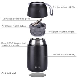 Thermal Container for on the go, 500 ml & 700 ml, Stainless Steel Warming Container with Foldable Spoon, for Food, Baby Food, Soup, Porridge, Yogurt, 2 Insulated Containers in a Set, Black
