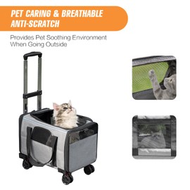 Pet Carrier with Wheels - Soft-Side Wheeled Cat Carrier for Dogs with Telescopic Handle, Collapsible Rolling Pet Travel Bag Carrier for Large Cats Small Medium Dogs for Camping Vet Visiting Grey