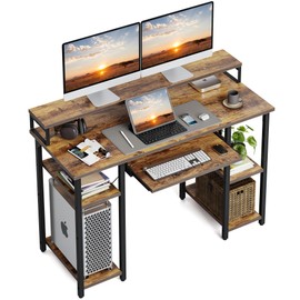CubiCubi Computer Desk with Keyboard Tray, 47 Inch Office Desk with Monitor Stand and Storage Shelves, Music Studio Desk Workstation, Work Table for Home Office, Brown