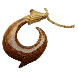 Hand Carved Natural Hawaii Koa Wood Fish Hook Fishhook/Hei Matau Pendant Artistically Knotted w/Adjustable Brown Hemp Cord Necklace/Choker - Hawaiian/Polynesian Maori/New Zealand Style
