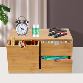 Bamboo Desk Organizer,Countertop Storage Cabinet with 3 Drawers Mini Tabletop Rack Holder for Home Office Supplies