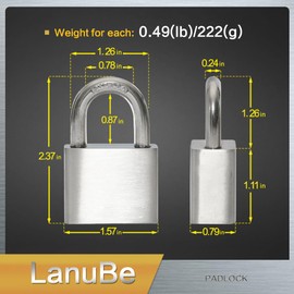 LanuBe 304 Stainless Steel Keyed Alike Marine Padlocks for Outdoor use, 1-9/16 inch Wide Body, Stainless Steel Body, Normal Shackle, Pack of 2