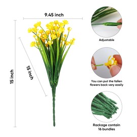 JEMONG Artificial Fake Flowers, 16 Bundles Outdoor UV Resistant Greenery Shrubs Plants Indoor Outside Hanging Planter Home Garden Decorating (Yellow-Daffodil)