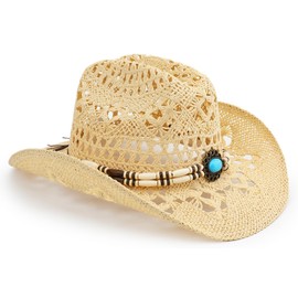 Melesh Straw Cowboy Hat, Western Cowgirl Hat, Wide Brim Sun Beach Hat for Men and Women (US, Alpha, One Size, Beige-M23)