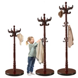 Snaikor Wooden Coat Rack Stand, Vintage Natural Birch Wood Coat Racks Freestanding, Solid Wood Coat Tree Stand with 14 Hooks, Classic Sturdy Coat Racks Hall Tree for Entryway, Office (Round chassis)