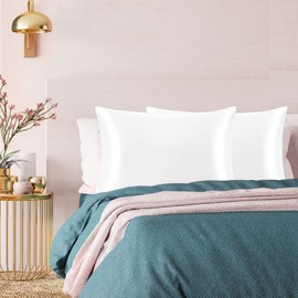 PiccoCasa Satin Pillowcases for Hair and Skin with Eye Mask and Scrunchie Soft Pillowcase 2 Pack Zipper Closure Silky Bed Pillow Covers Set for Sleeping White 50 x 65cm