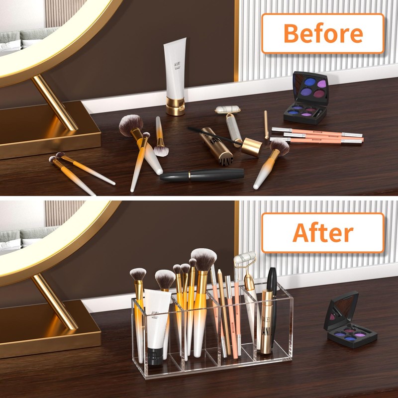 HIIMIEI Acrylic Pen Holder 4 Compartments Clear Makeup Brushes Holder