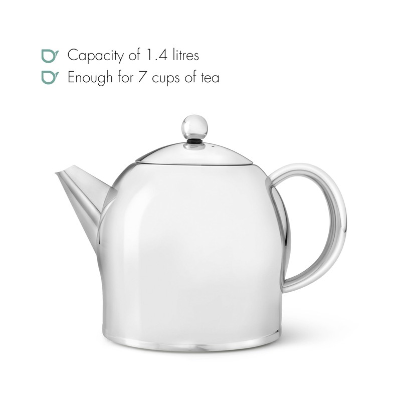 bredemeijer Santhee Double Walled Teapot, 1.4-Liter Stainless Steel Glossy Finish