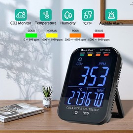 3IN1 CO2 Monitor Portable Pro Carbon Dioxide HOLDPEAK Air Quality Monitor Indoor HP-531G Test Temperature and Humidity, NDIR Sensor with Large LCD Display, USB Charging, for Grasshouse, Industrial