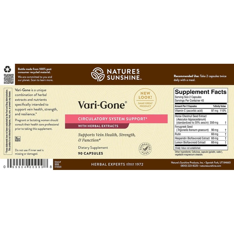 Nature's Sunshine Vari-Gone, 90 Capsules, Varicose Vein Supplements with 7
