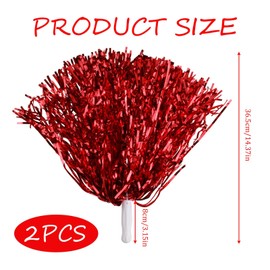 Cheerleader Pom Poms, Pack of 2 Red Metallic Foil Pom Poms, Pompoms, Hand Flowers for Sports Events, Dance and Night Parties, Robust and Vibrant