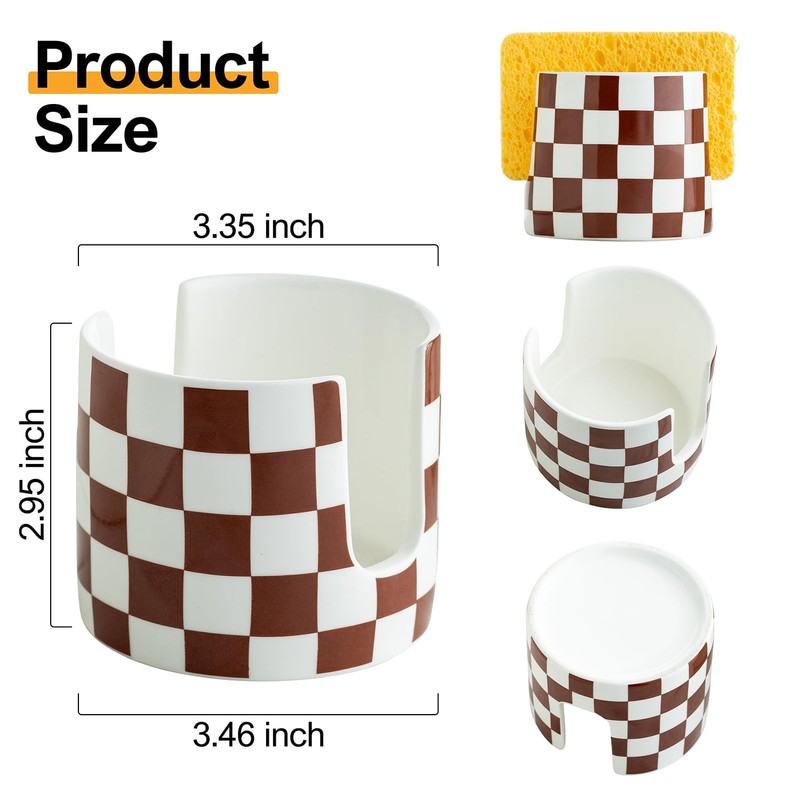Checkered Sponge Holder for Kitchen Sink, Ceramic Dish Sponge Drying