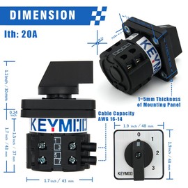 KEYMOO 20A Black Rotary Changeover Switch, 660V 4 Position 2 Poles 8 Terminals, 3-Way 1NO 1NC Universal Selector Switch with Fork Terminals 26-20/0-3.2BL (Black)
