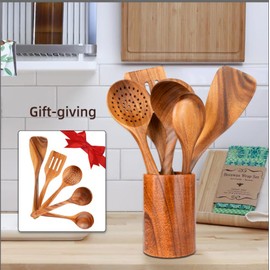 Premium Teak Healthy Spoons, Durable Eco-friendly Spatula, Wooden Utensils for Cooking set with Holder & Canvas Bag, Wooden Cooking Utensils, Cooking Gifts for Mom,6-Piece Wooden Spoons for Cooking