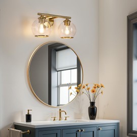 Mecgirn Brushed Gold Bathroom Vanity Light Over Mirror, 2 Light Bathroom Light Fixtures with Clear Globe Glass Shade, Modern Vanity Lighting Wall Mounted