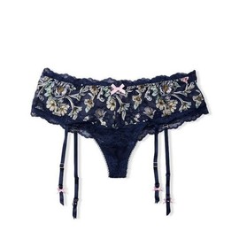 Victoria's Secret - Liguero de encaje con correa brillante muy sexy (XS-XXL), floral azul marino, L