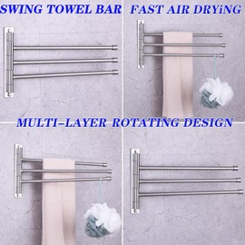 GERZWY Bath Towel Holder Swing Out Towel Bar SUS 304 Stainless Steel Bathroom Hand Towel Rack 3-Bar Folding Arm Swivel Hanger Wall Mount Brushed Finish HYG03-LS