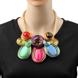 Colorful Bead Crystal Pendant Necklace Earrings Set for Women Big Chunky African Statement Vintage Ethnic Flower Bohemian Female Rhinestone Tribal Jewelry Set, as picture, Crystal, Crystal