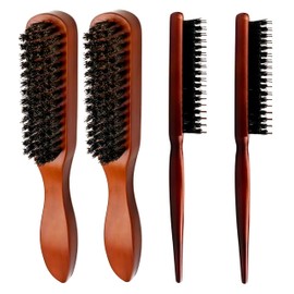 LGSFTBFS 4 Pack Boar Bristle Brush, Boar Bristle Hair Brush, Slick Back Hair Brush for Women Men, Wet Hair Brush, Rat Tail Comb, Teasing Comb Edge Beard Brush for Slicking Hair Beard