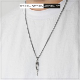 Men's Stainless Steel Italian Horn Pendant, Sleek Design, 24" Curb Chain