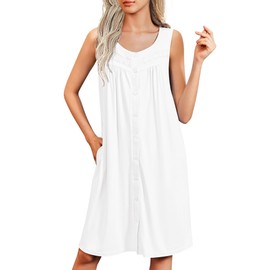 Ekouaer Nightgowns for Women Button Up Sleepshirt Tank Sleeveless Nightshirt Soft Sleepwear with Pockets White X-Large