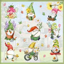 Mfault 9 Sheets Spring Gnomes Flowers Window Clings, Floral Daisy Tulip Lavender Glass Stickers Decals Decorations, Butterfly Mushroom Bicycle Swing Home Kitchen Decor