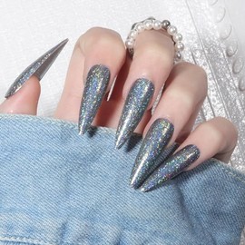 Press On Nails 24pcs French Tip False Nails Long Almond Full Cover Acrylic Nails Laser Glitter for Women Girls Salon Home DIY Detachable Nail Art Deco Silver