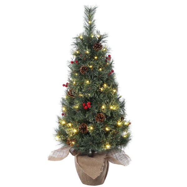 Mini Artificial Christmas Tree, 3ft Pre-Lit Christmas Tree with Burlap