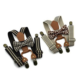 Anshili 2stk Kinder Hosenträger mit Fliege 4 Clips Y-Form - 2.5 cm Breit (Kaffee)