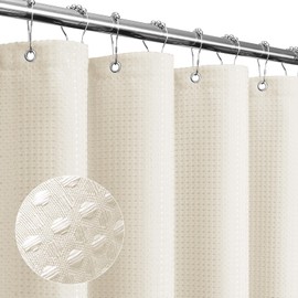 Gibelle Long Shower Curtain 72 x 78, Tall Waffle Weave Textured Fabric Shower Curtain for Bathroom, Water Repellent, Machine Washable, Ivory